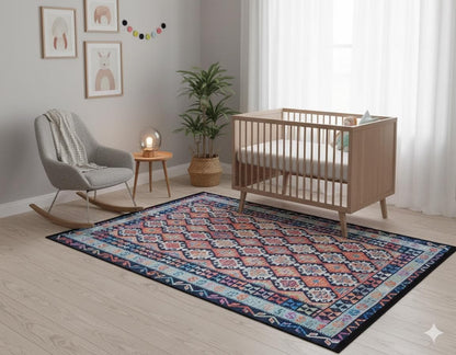 Vintage Kilim Design Rug: Washable Blue Living Room Rug