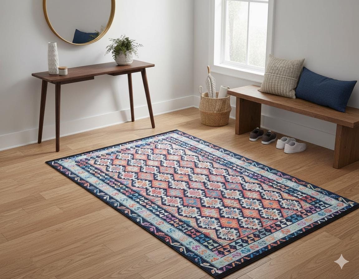Vintage Kilim Design Rug: Washable Blue Living Room Rug