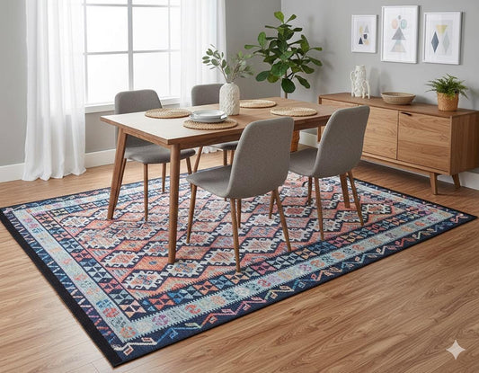 Vintage Kilim Design Rug: Washable Blue Living Room Rug