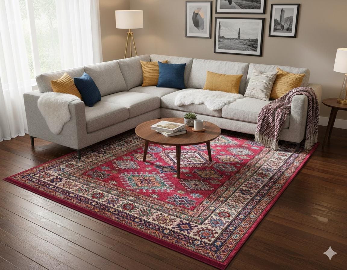 Red Oriental Kazak Rug: Classic Vintage Washable Carpet