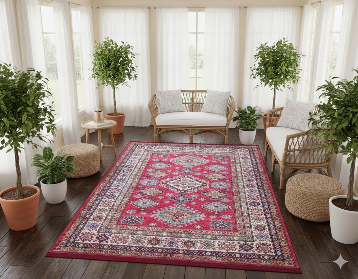 Red Oriental Kazak Rug: Classic Vintage Washable Carpet
