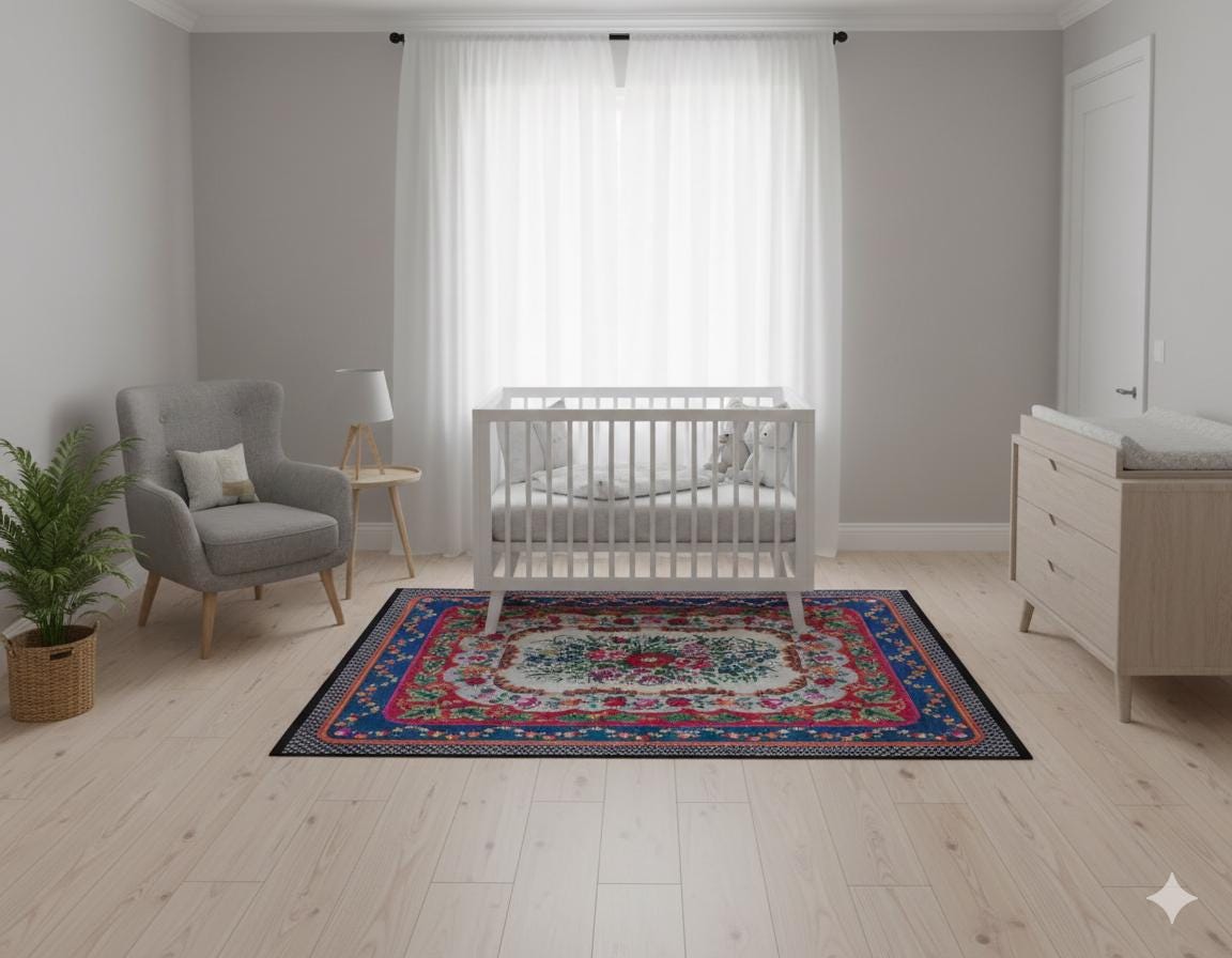 Blue Vintage Karabagh Rug: Washable Floral Carpet with Tassels