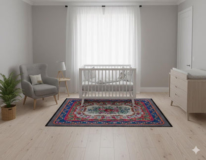 Blue Vintage Karabagh Rug: Washable Floral Carpet with Tassels