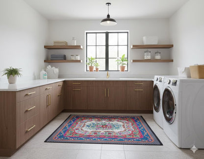 Blue Vintage Karabagh Rug: Washable Floral Carpet with Tassels