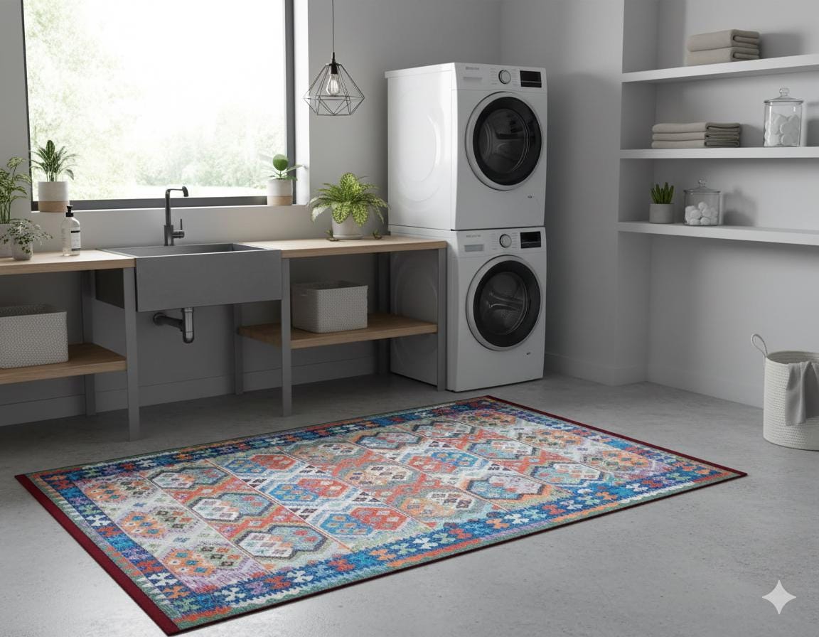 Vintage Kilim Design Rug: Washable Blue Living Room Rug