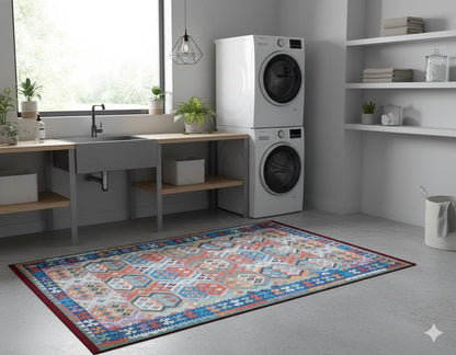 Vintage Kilim Design Rug: Washable Blue Living Room Rug