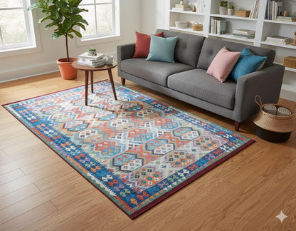 Vintage Kilim Design Rug: Washable Blue Living Room Rug