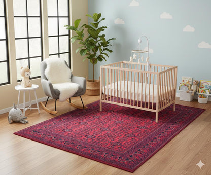 Red Vintage Oriental Afghan Rug: Washable Red Carpet with Tassels