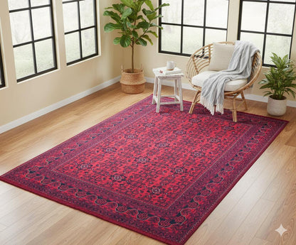 Red Vintage Oriental Afghan Rug: Washable Red Carpet with Tassels