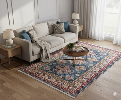 Blue Oriental Kazak Rug: Vintage Washable Rug with Tassels