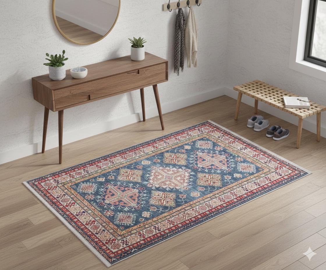 Blue Oriental Kazak Rug: Vintage Washable Rug with Tassels