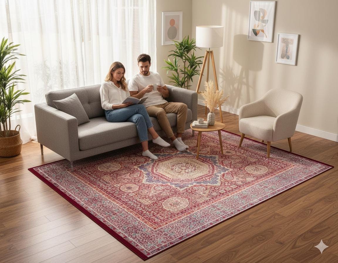 Vintage Oriental Mamluk Rug: Washable Red Carpet with Tassels