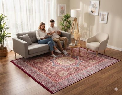 Vintage Oriental Mamluk Rug: Washable Red Carpet with Tassels
