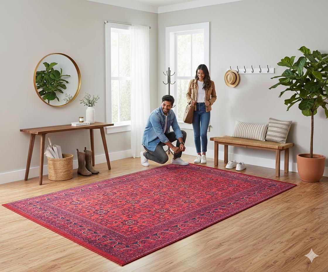 Vintage Red oriental Afghan Rug: Washable Red Area Carpet with Tassels
