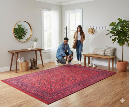 Vintage Red oriental Afghan Rug: Washable Red Area Carpet with Tassels