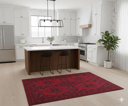 Vintage Red oriental Afghan Rug: Washable Red Carpet with Tassels