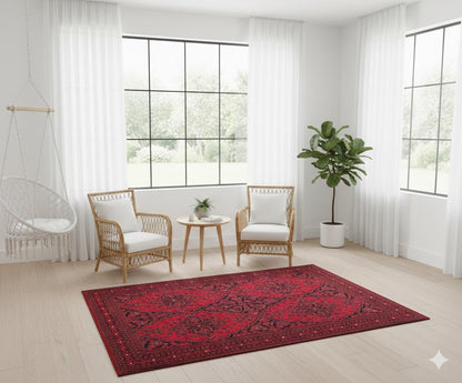 Vintage Red oriental Afghan Rug: Washable Red Carpet with Tassels