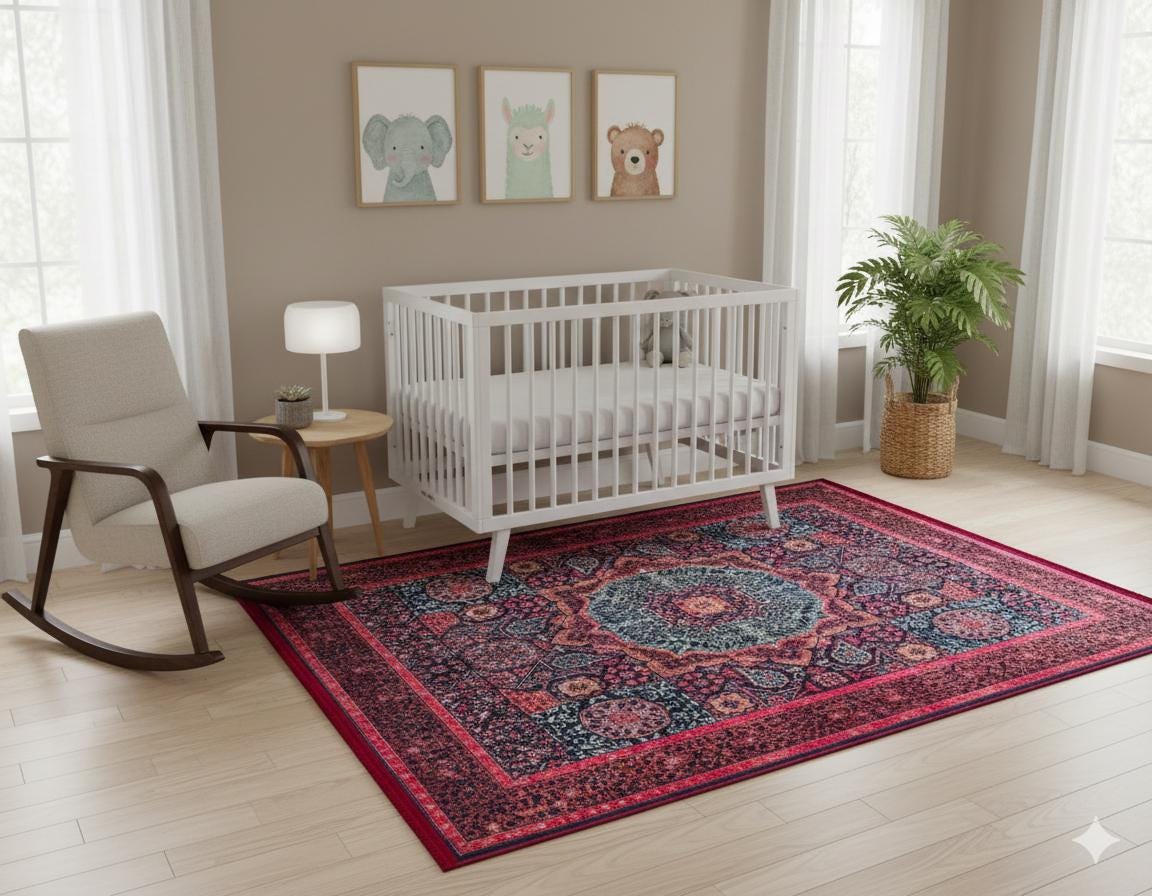 Vintage Purple oriental Mamluk Rug: Washable Red Area Carpet with Tassels