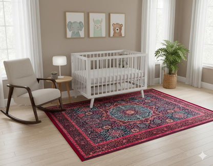 Vintage Purple oriental Mamluk Rug: Washable Red Area Carpet with Tassels