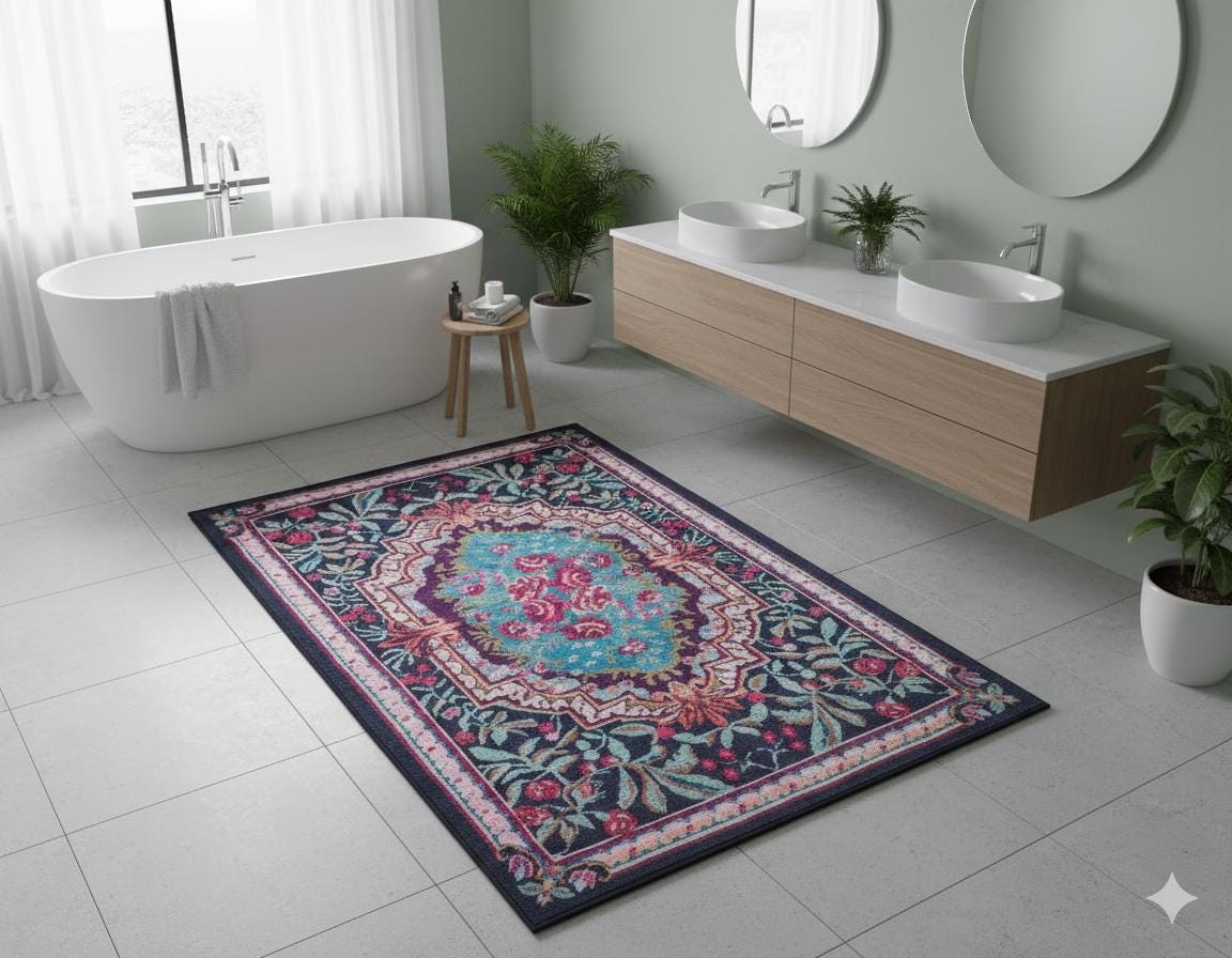 Vintage Blue Karabagh Rug: Black Floral Carpet with Tassels