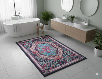 Vintage Blue Karabagh Rug: Black Floral Carpet with Tassels