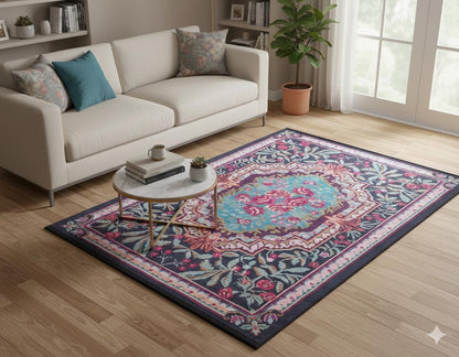 Vintage Blue Karabagh Rug: Black Floral Carpet with Tassels