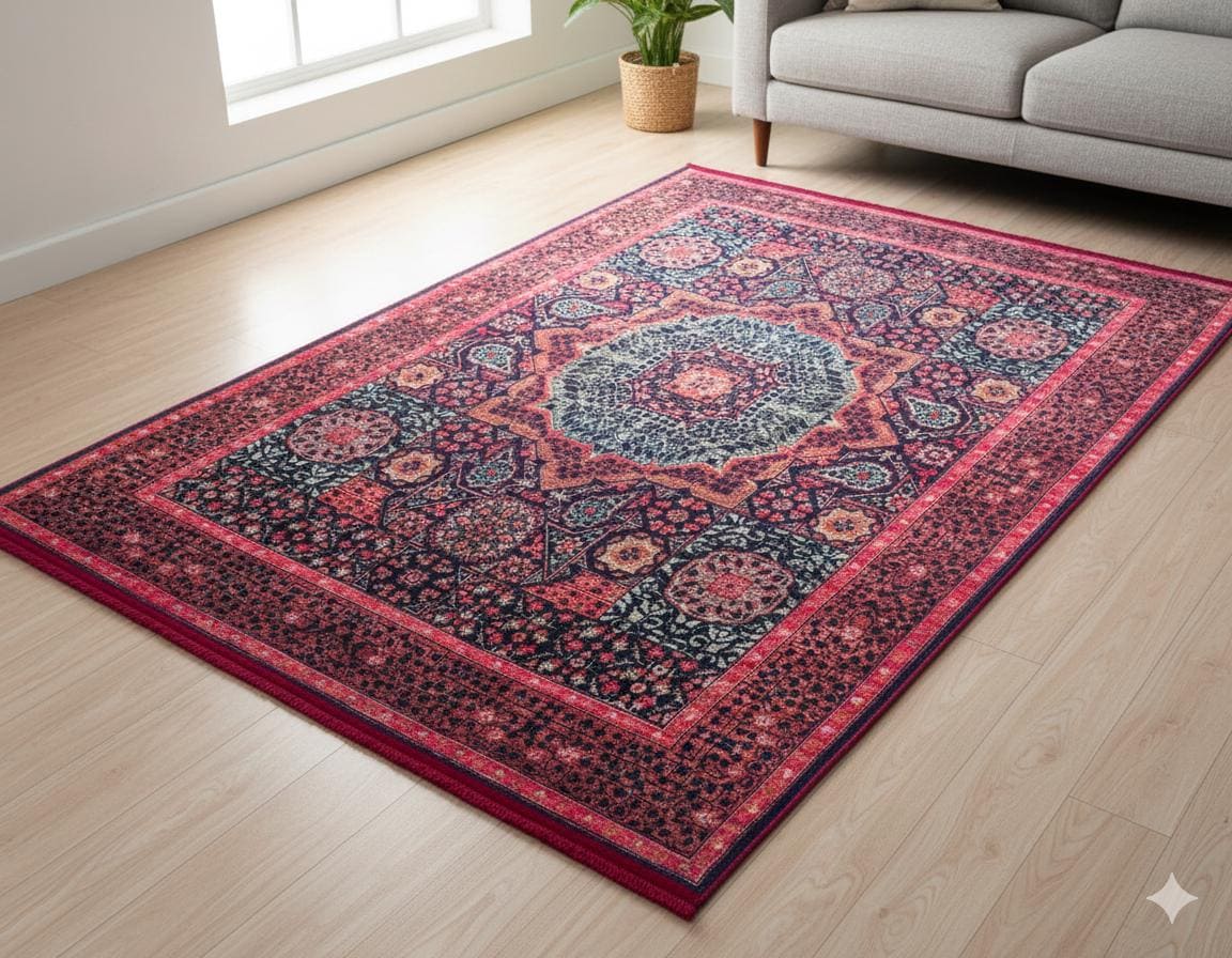 Vintage Purple oriental Mamluk Rug: Washable Red Area Carpet with Tassels