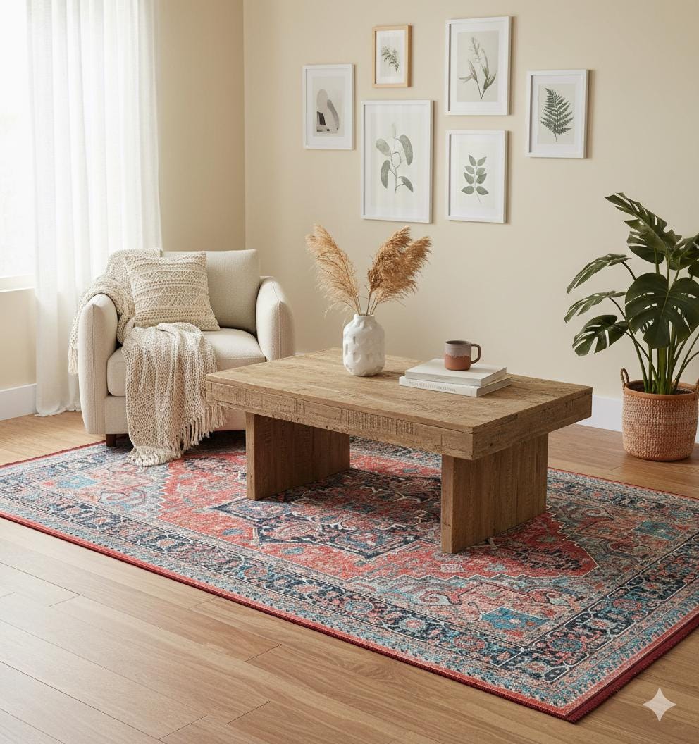 Red Vintage Oriental Rug: Classic Washable Rug with Tassels