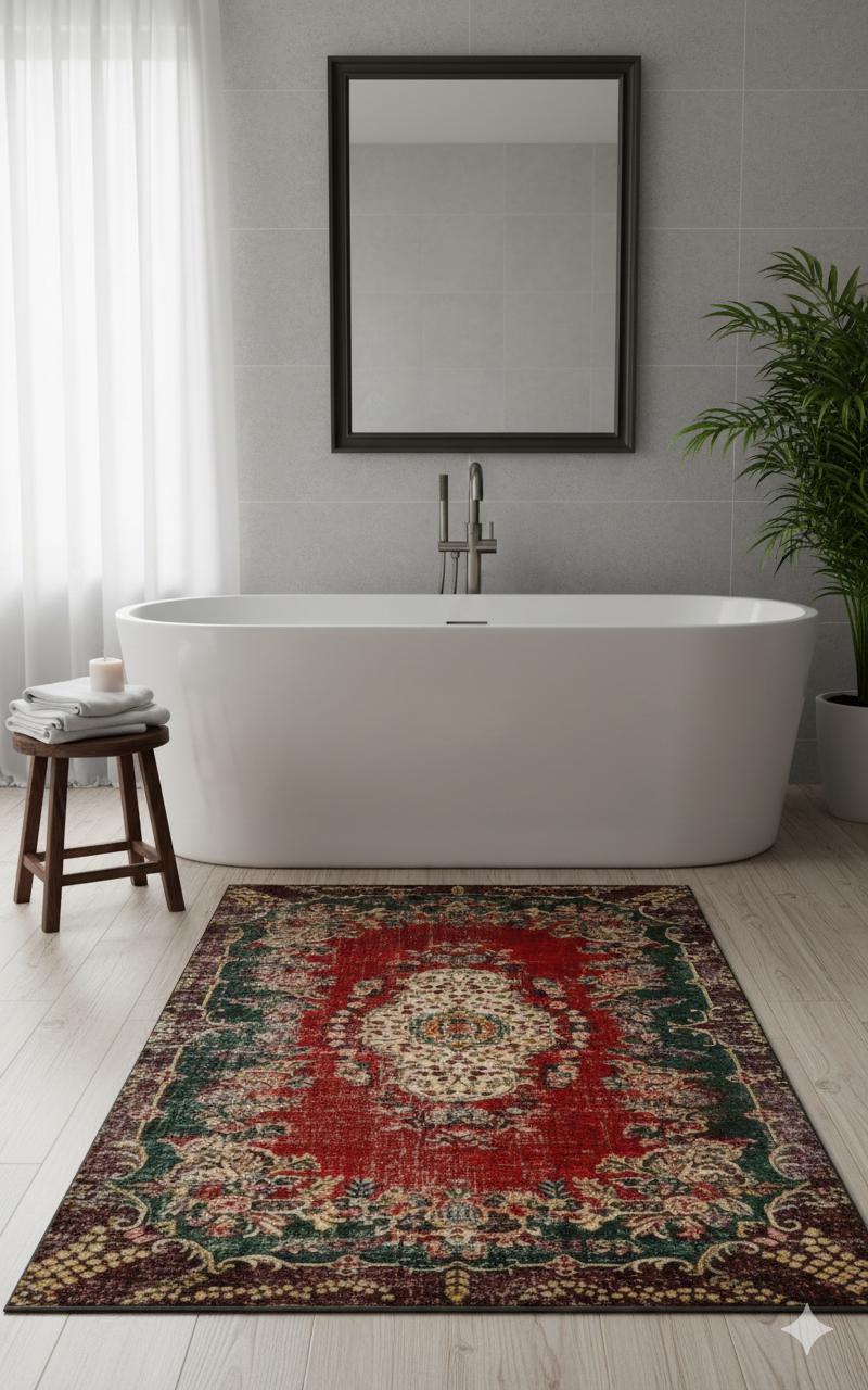 Red Vintage oriental Rug: Classic Washable Rug with Tassels