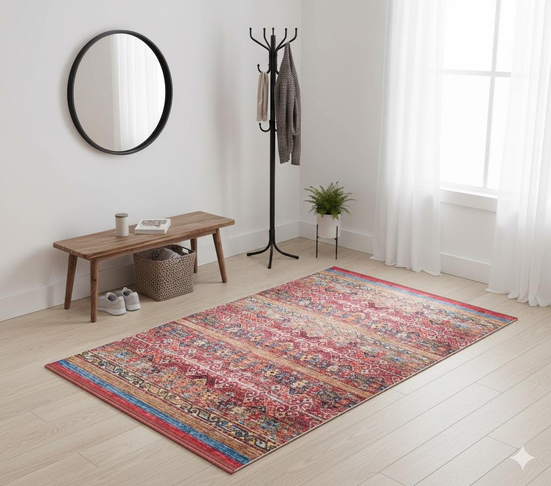 Red Turkish Style Area Rug: Red Vintage washable carpet