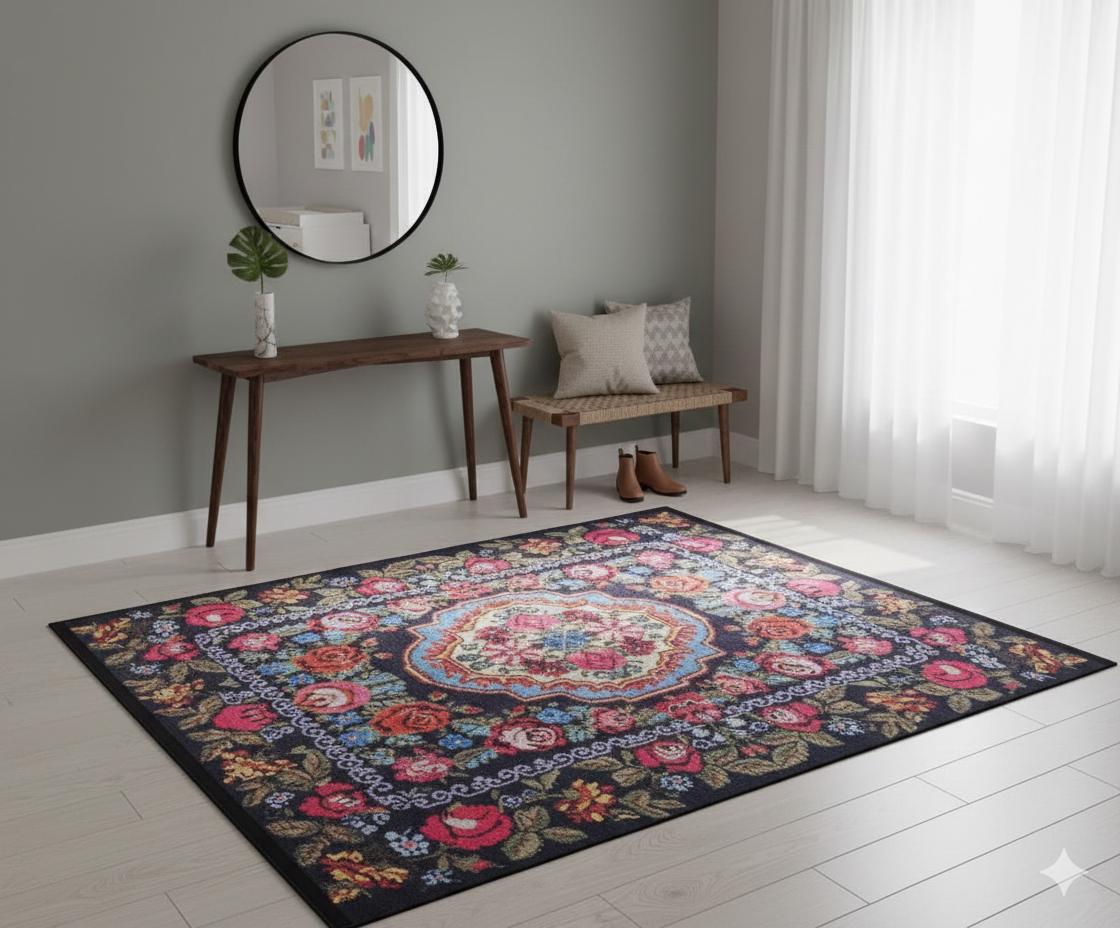 Black Vintage Karabagh Rug: Washable Floral Carpet with Tassels