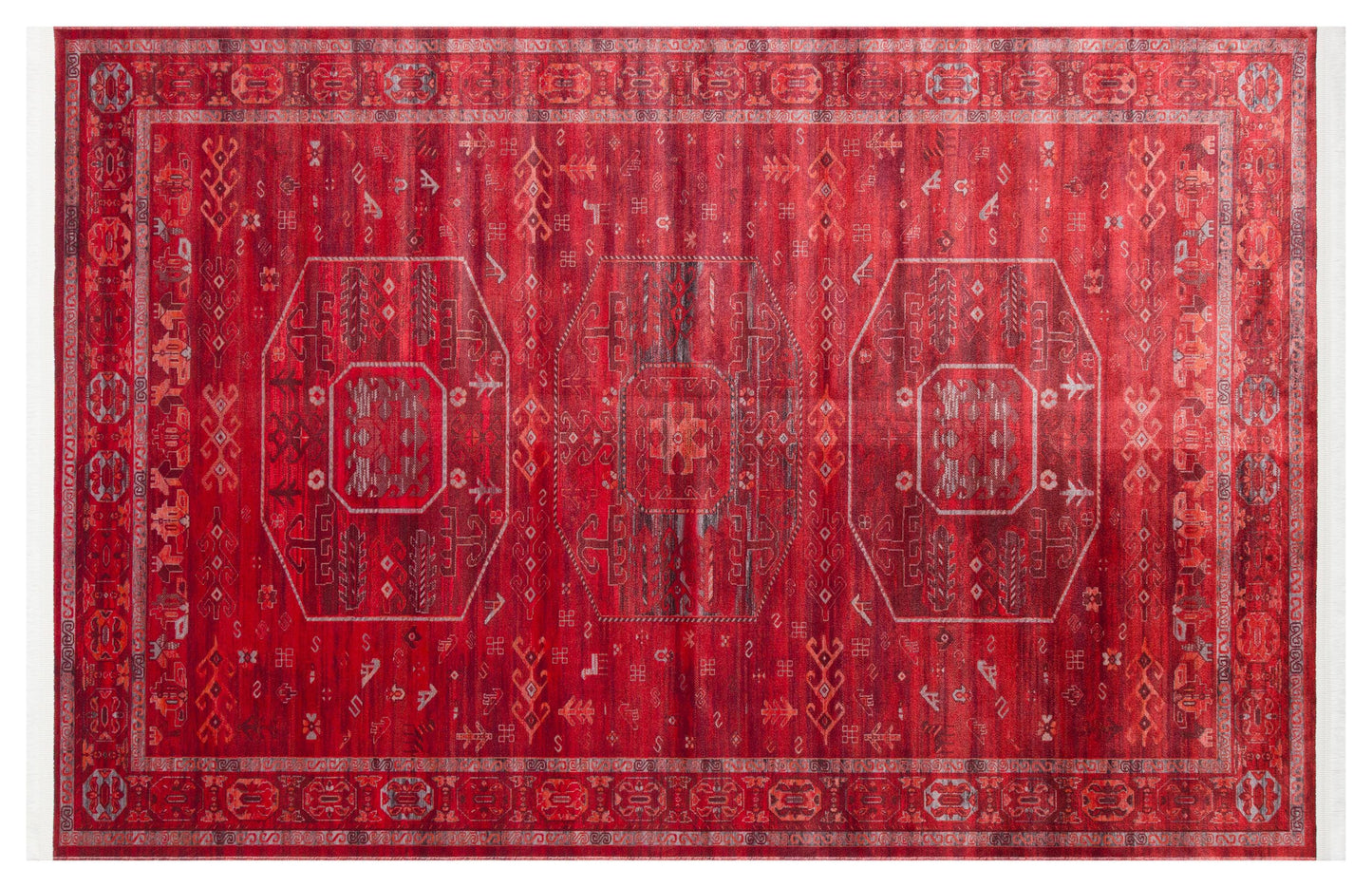 Red Vintage Oriental Afghan Rug: Washable Red Carpet with Tassels