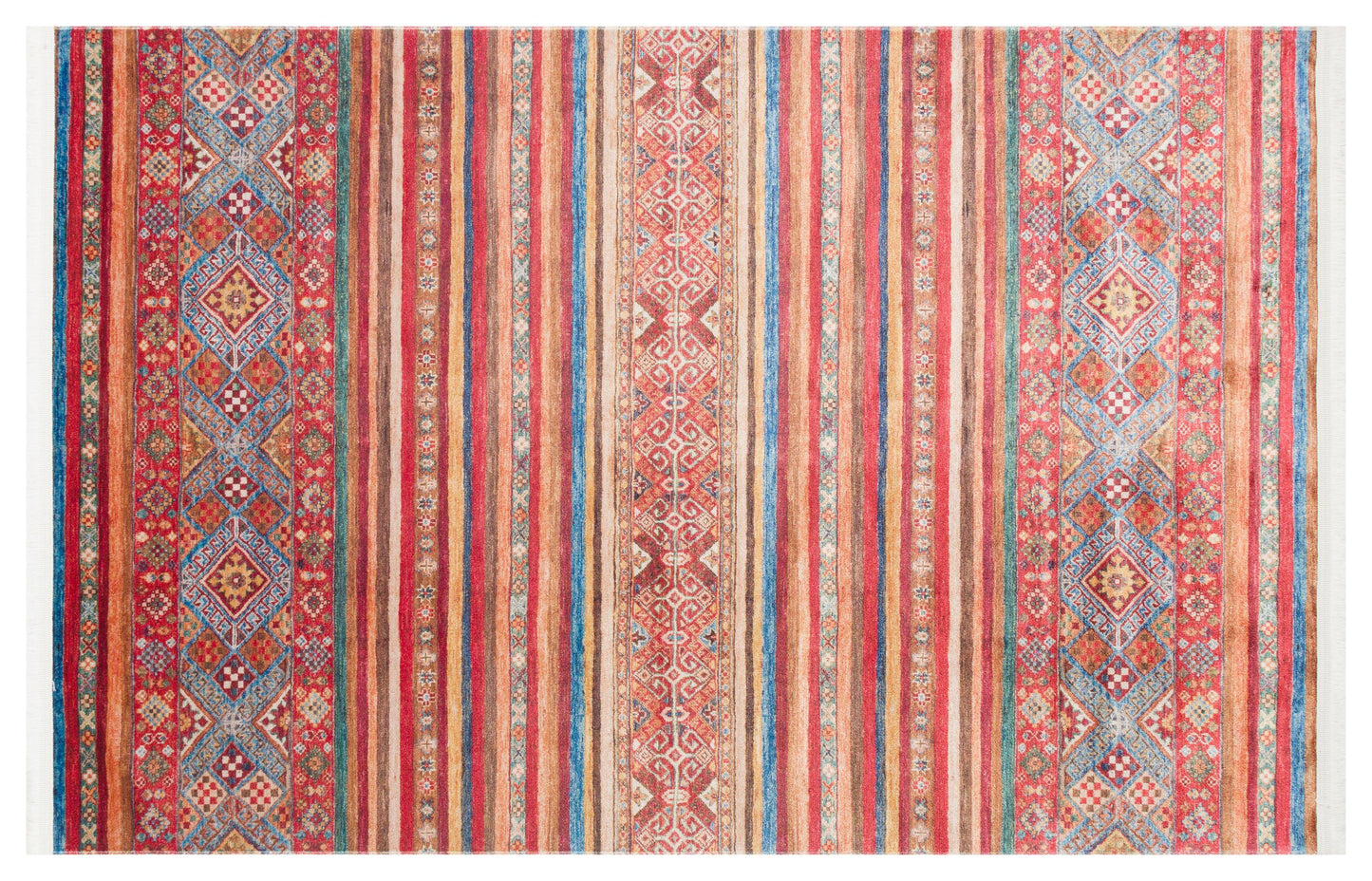 Red Vintage Oriental Afghan Rug: Washable Red Carpet with Stripes
