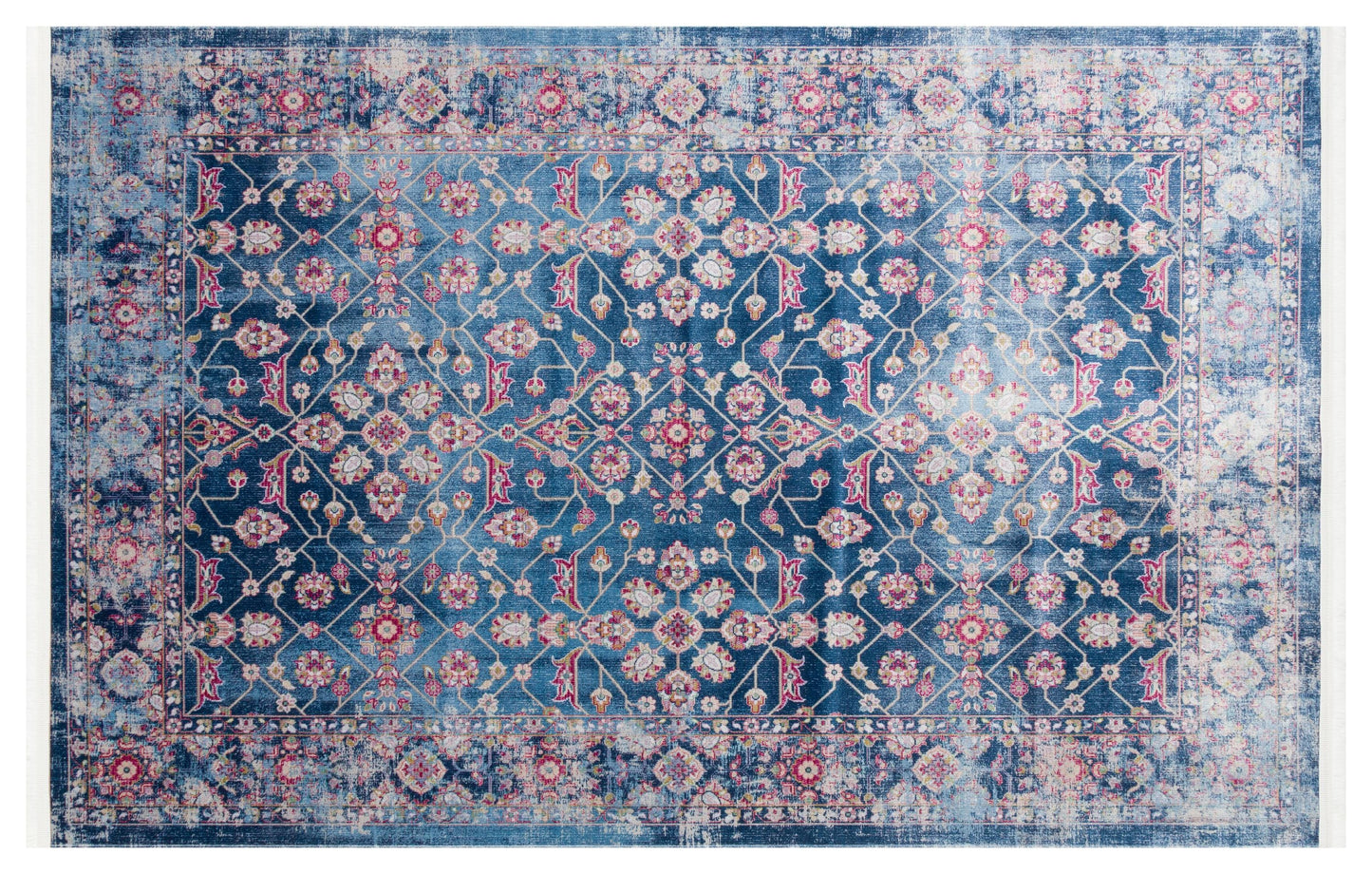 Blue Vintage Oriental Classic Rug: Washable Blue Carpet with Tassels