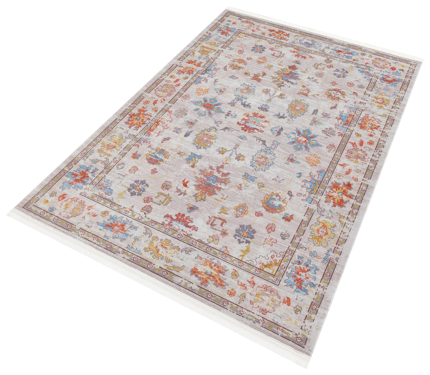 Beige Vintage Oriental Classic Rug: Washable Beige Oushak Carpet with Tassels