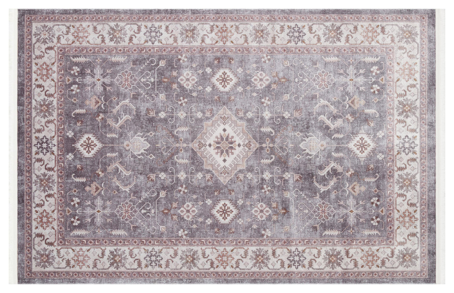 Beige Vintage Oriental Classic Rug: Washable Beige Oushak Carpet with Tassels