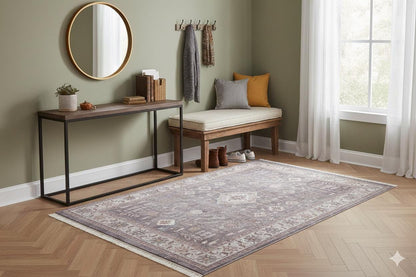 Beige Vintage Oriental Classic Rug: Washable Beige Oushak Carpet with Tassels