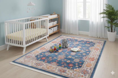 Blue Vintage Oriental Classic Rug: Washable Blue Oushak Carpet with Tassels