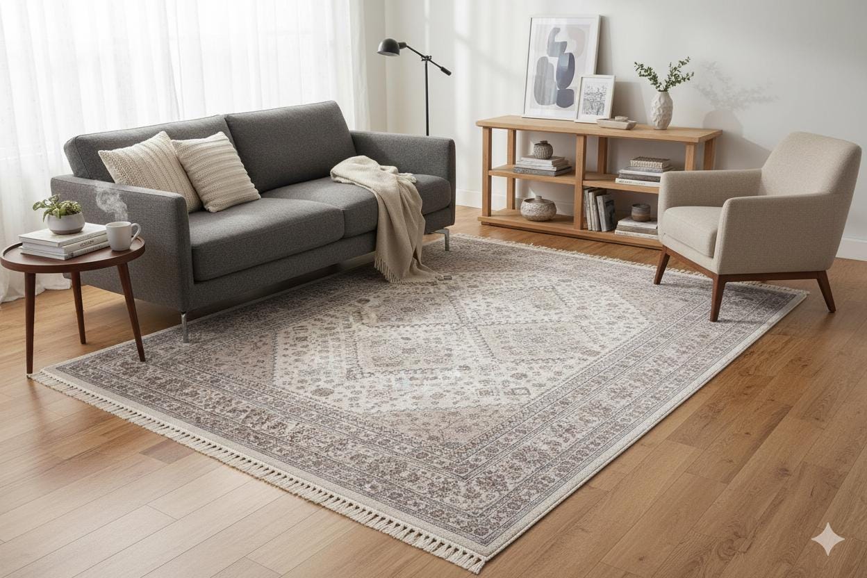 Beige Vintage Oriental Classic Rug: Washable Beige Oushak Carpet with Tassels