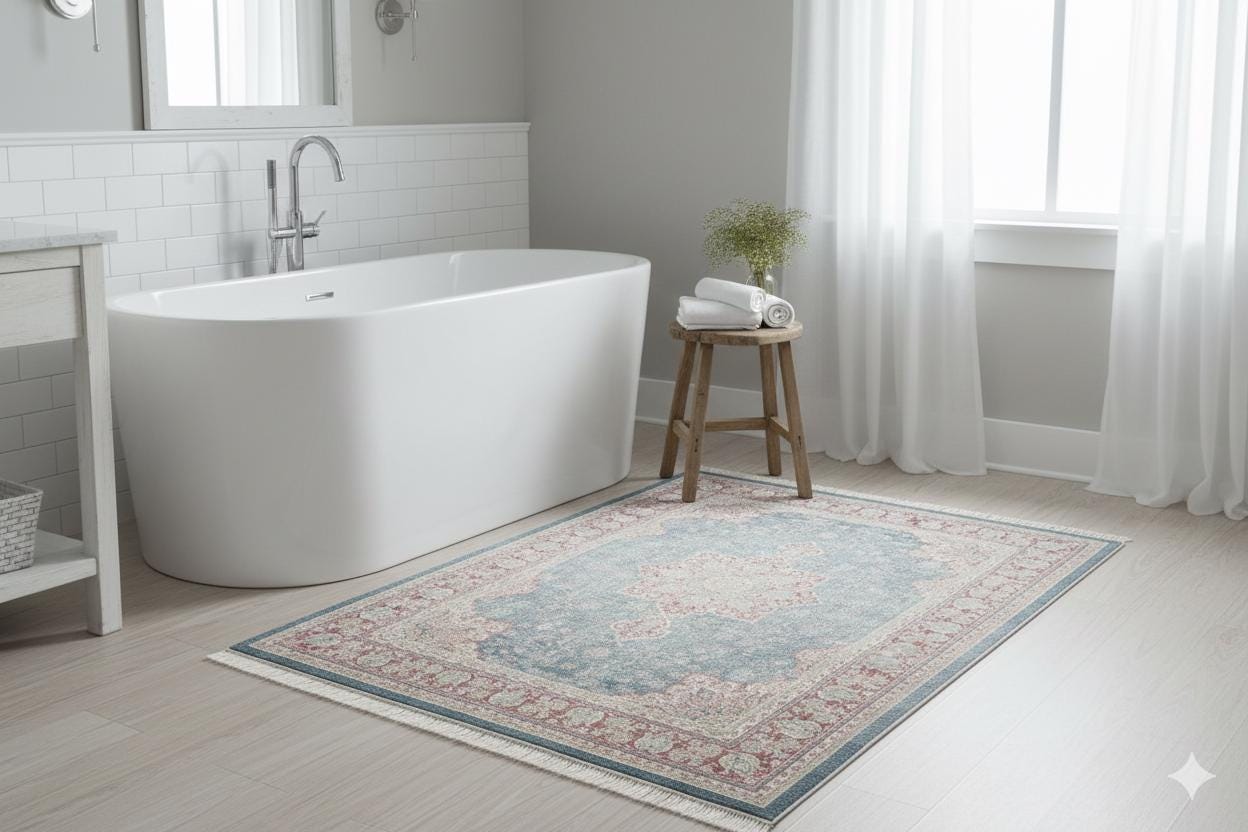 Blue Vintage Oriental Classic Rug: Washable Blue Carpet with Tassels