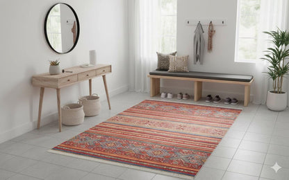 Red Vintage Oriental Afghan Rug: Washable Red Carpet with Stripes