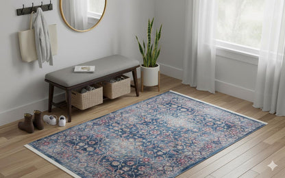 Blue Vintage Oriental Classic Rug: Washable Blue Carpet with Tassels