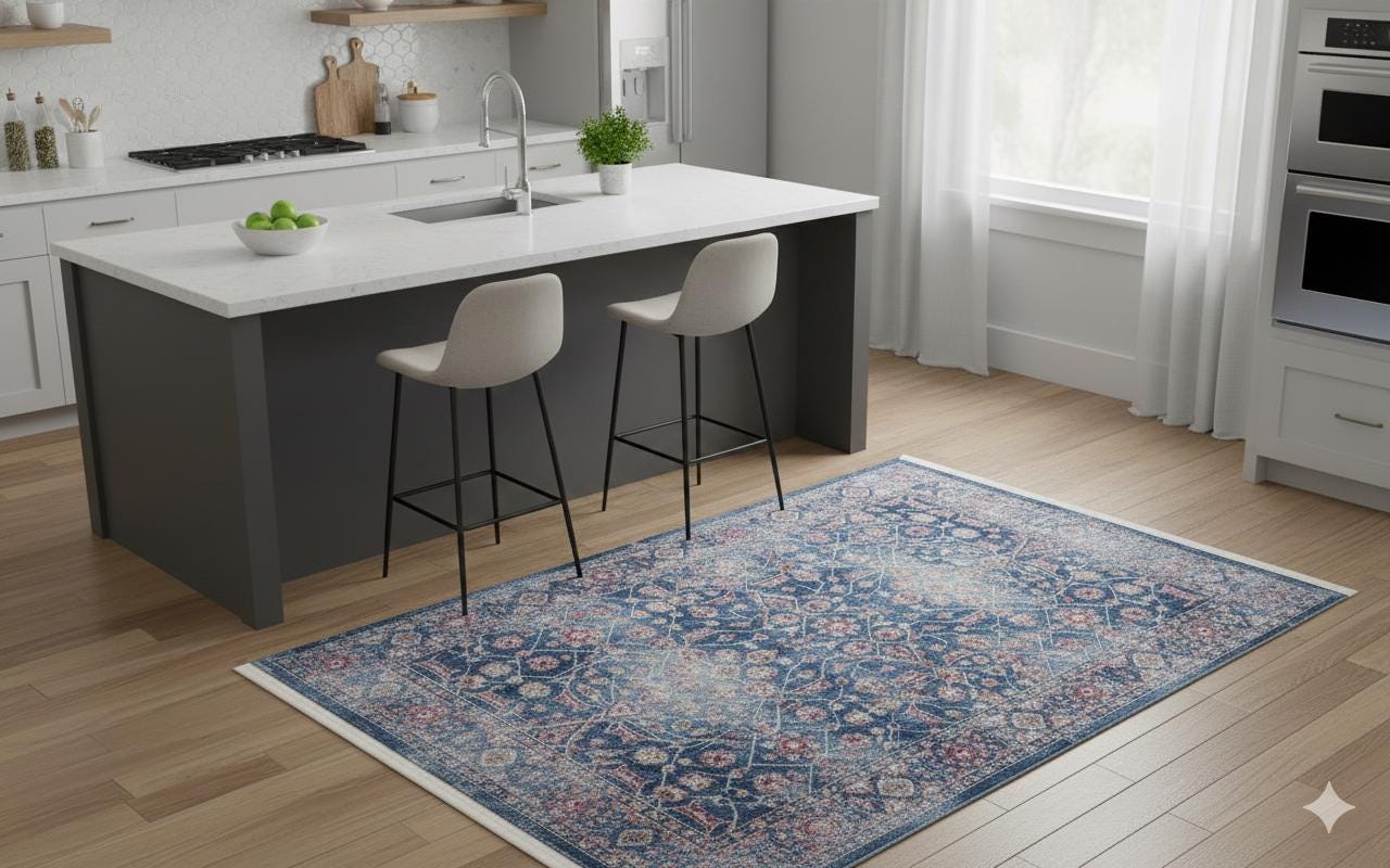 Blue Vintage Oriental Classic Rug: Washable Blue Carpet with Tassels