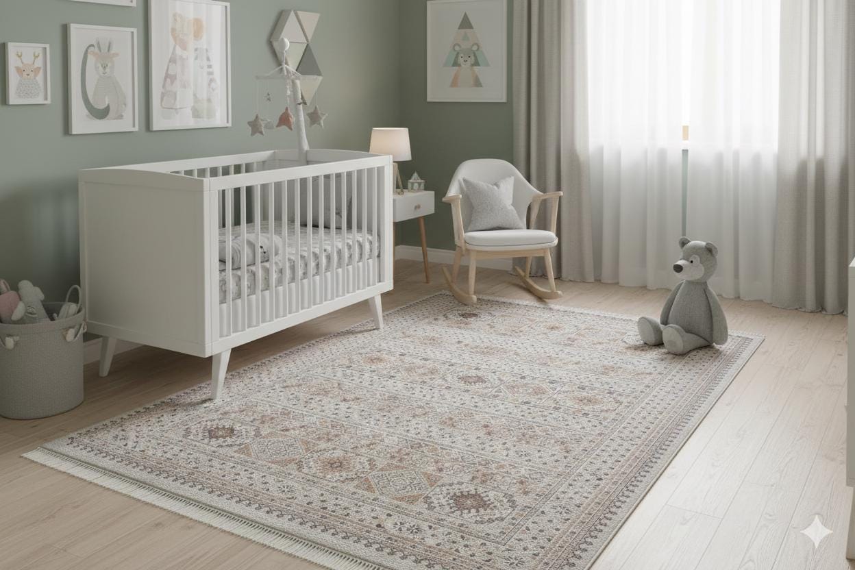 Beige Vintage Oriental Classic Rug: Washable Beige Oushak Carpet with Tassels