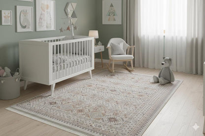 Beige Vintage Oriental Classic Rug: Washable Beige Oushak Carpet with Tassels