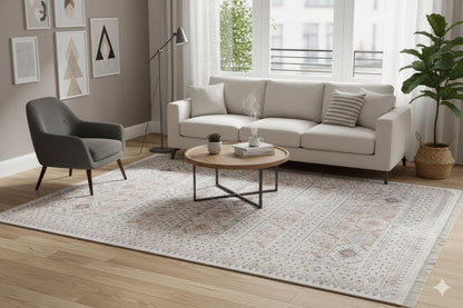 Beige Vintage Oriental Classic Rug: Washable Beige Oushak Carpet with Tassels