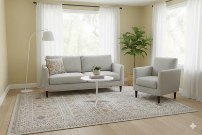Beige Vintage Oriental Classic Rug: Washable Beige Oushak Carpet with Tassels