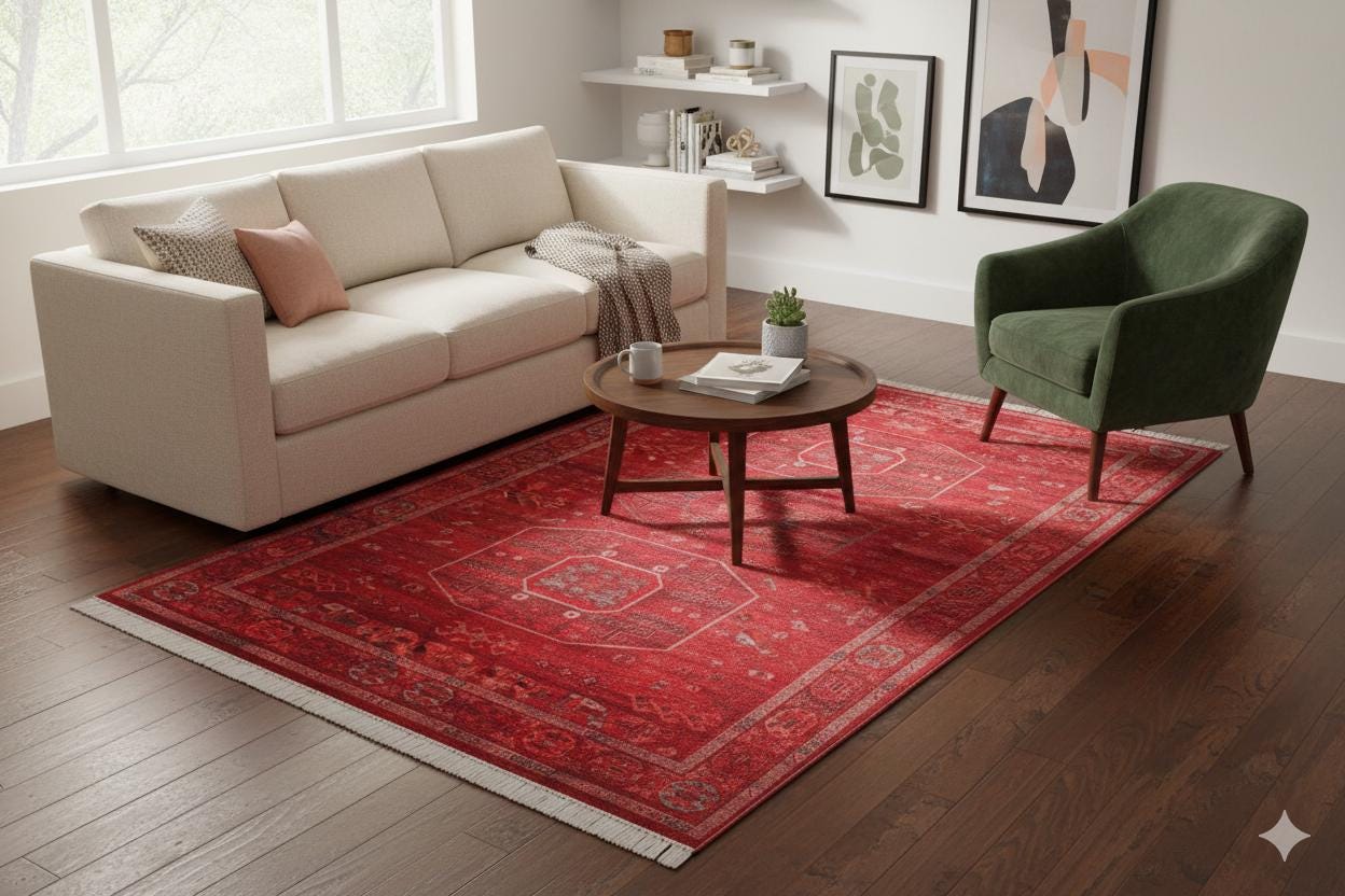Red Vintage Oriental Afghan Rug: Washable Red Carpet with Tassels