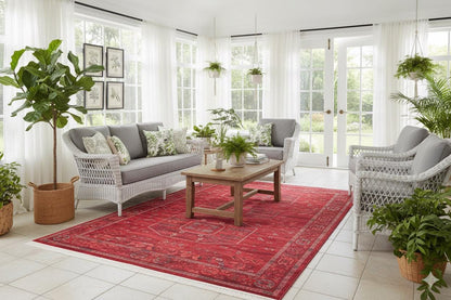 Red Vintage Oriental Afghan Rug: Washable Red Carpet with Tassels