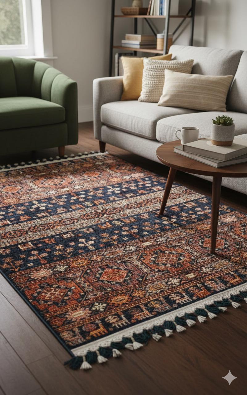 Blue Vintage Orienatl Rug: Classic Washable Rug with Tassels